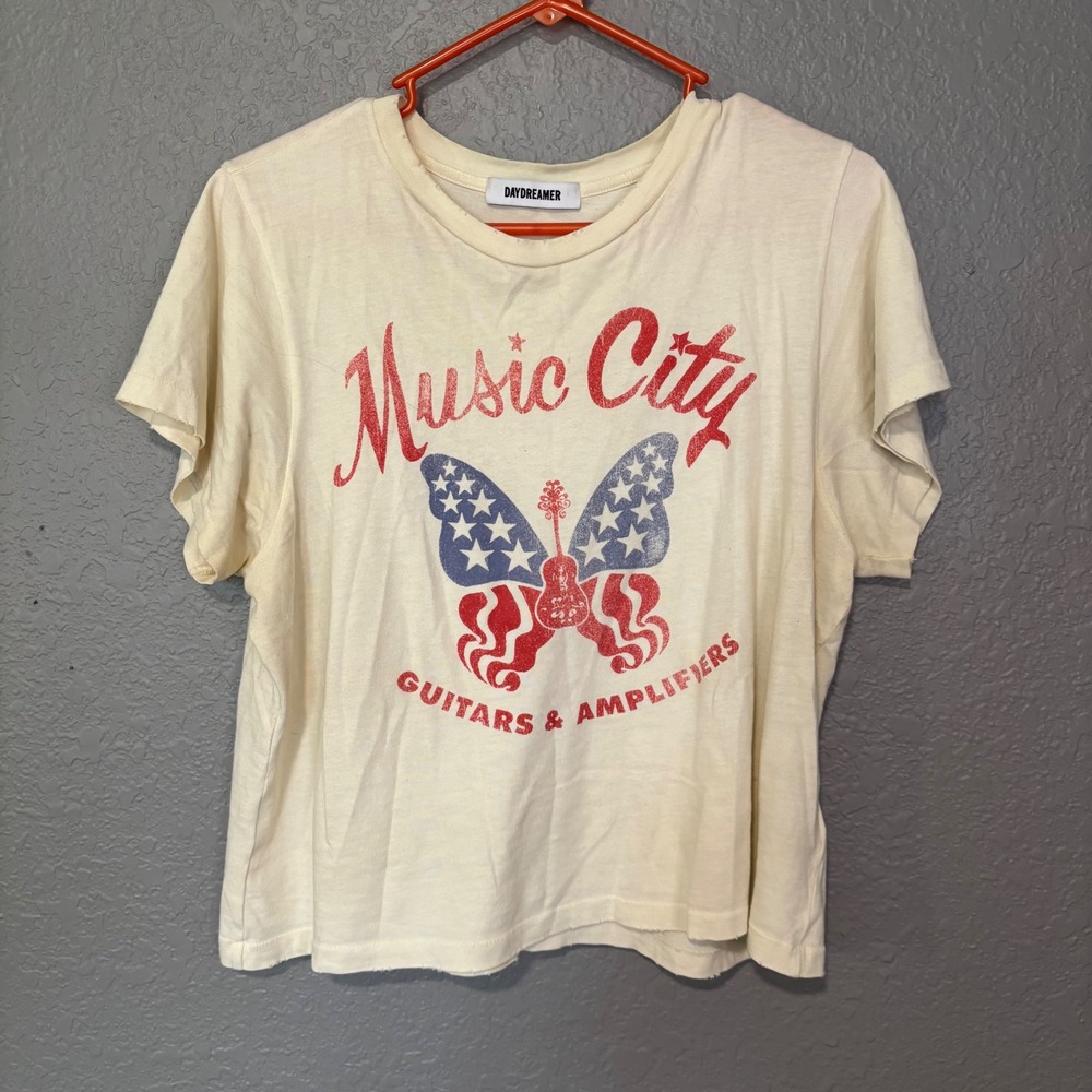 Daydreamer Music City Butterfly Graphic Tee Cream XL Nashville Distressed USA